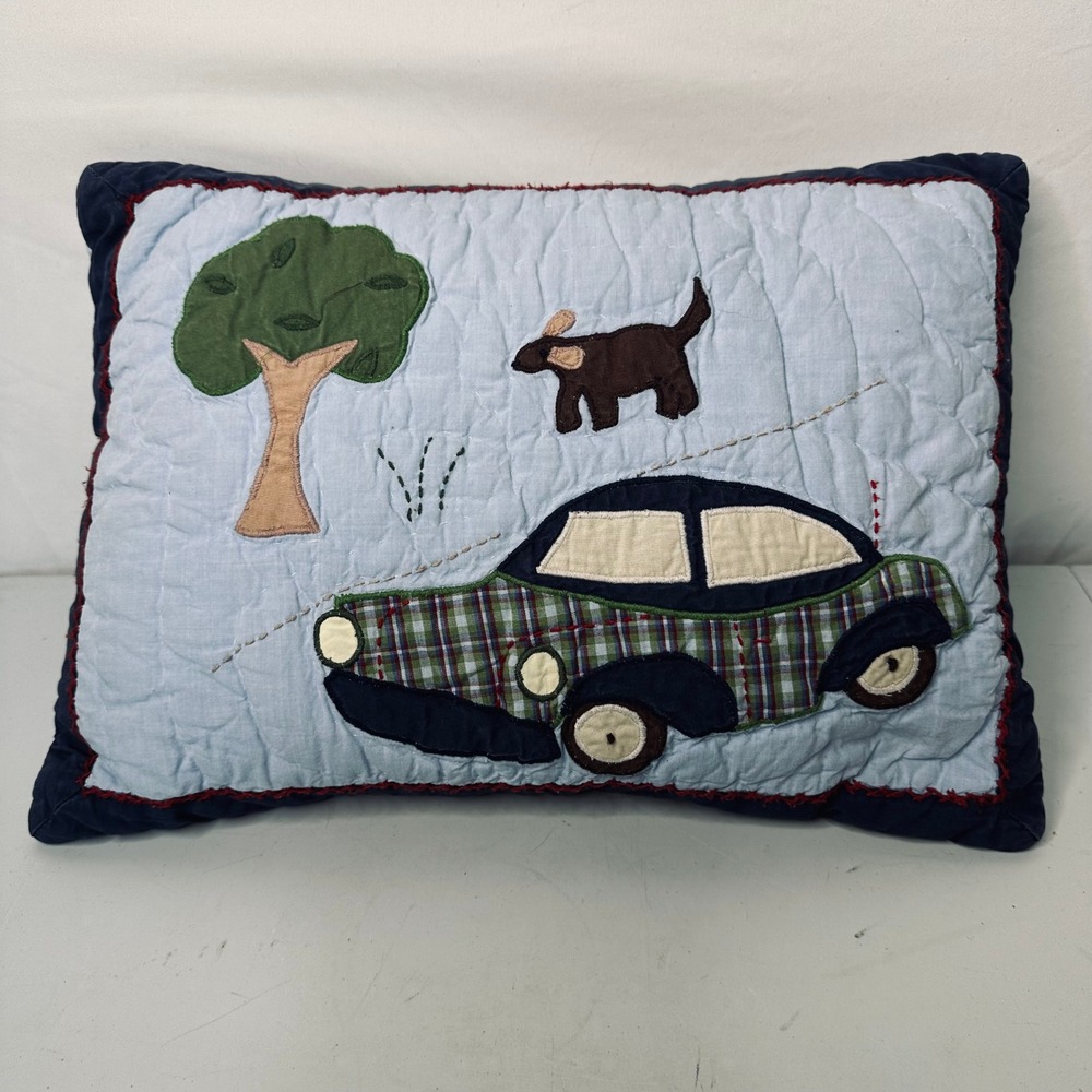 Pottery Barn Kids Quilted Car Dog Tree Decorative Pillow Blue Cotton 12x16